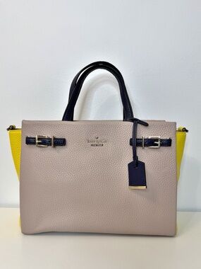 Kate Spade Holden Street Lanie Satchel Purse Bag Tan Yellow Navy Blue